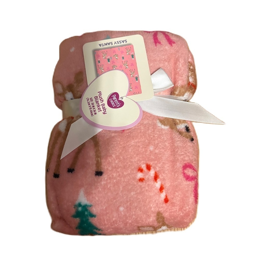 Sassy Santa Pink Baby Blanket NEW Christmas Reindeer Candy Cane Tree Bow Pink